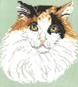 Brenda Franklin CC 101 Calico Cat-Long Hair. 79 x 84 stitches. Cross Stitch, Petit Point, Needlepoint, Waste Canvas, & Rug Hooking Pattern. 