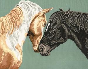 Brenda Franklin HG 101 Horses Greeting. 200 x 155 stitches. Cross Stitch, Petit Point, Needlepoint, Waste Canvas, & Rug Hooking Pattern. 